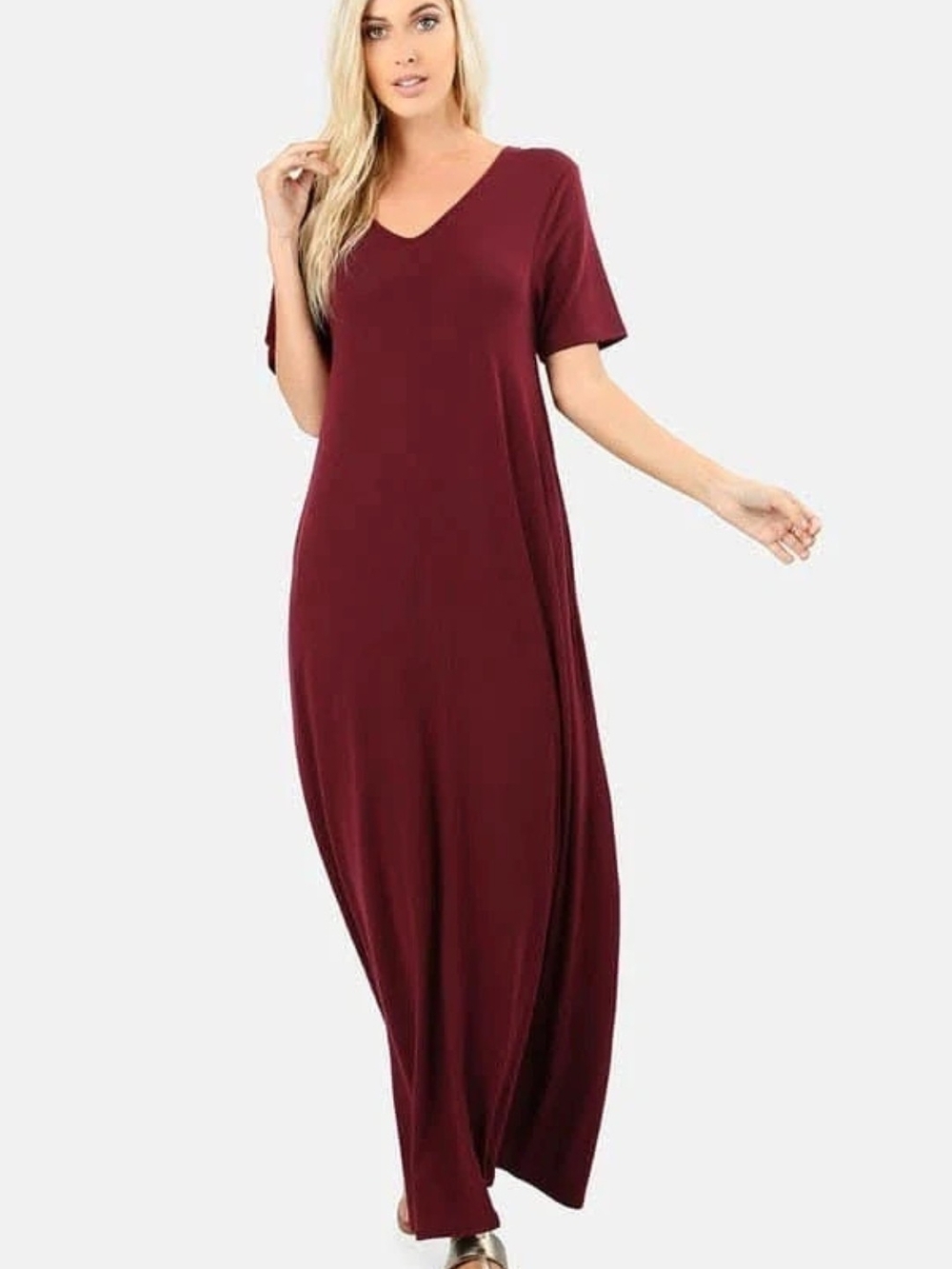 V-Neck Short Sleeve Maxi Dress in Burgundy